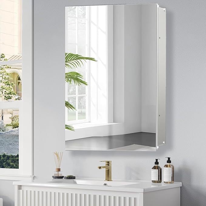 Bathroom Medicine Cabinet, 24x36 inch Mirror Cabinet of Aluminum, Assembly Needed, Surface Mount or Recessed, Medicine Cabinet with Mirror, Adjustable Glass Shelves, Waterproof for Bathroom