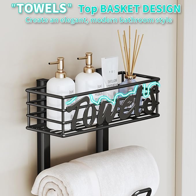 HapiRm Over The Door Towel Rack - 6 Tier Wall Mount Rolled Towel Holder Storage Organizer Shelf with Storage Basket for Small Bathroom, Rv, Camper - Black