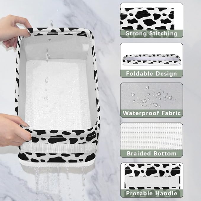 Cow Print Bathroom Basket Foldable Toilet Tank Topper Paper Basket Waterproof Fabric Storage Organizer Bins Decorative Open Storage for Home Closet Containers Cabinet Set of 2