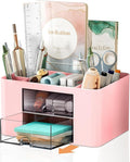 Stationary Organiser 7-Grid Desk Organizer with Drawer – Multifunctional Plastic Table Organizer & Pen Holder for School, Office, and Home (Pink)