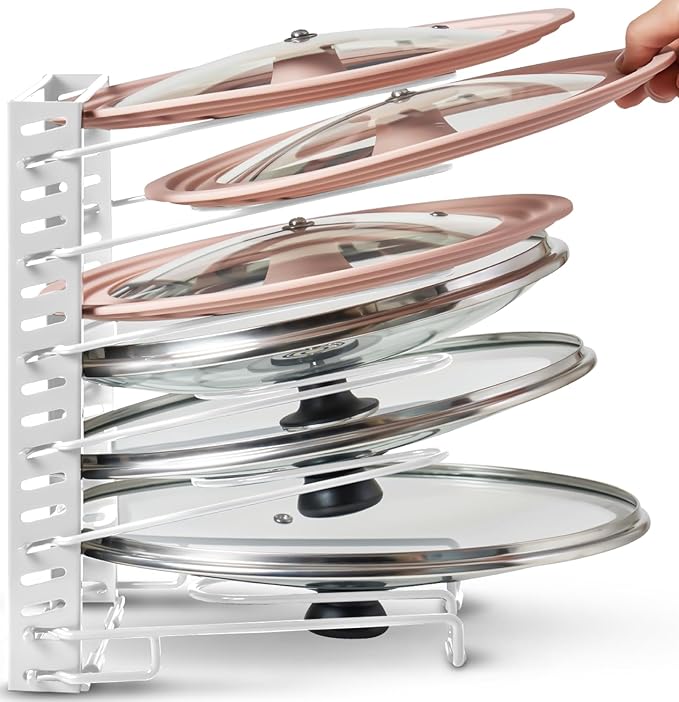 Free-Standing Adjustable Pot Lid Organizer for Cabinet - Kitchen Storage Rack 6 Adjustable Shelves, Pot Lid Holder, Pan and Pot Rack Organizer, Pantry & Inside Cabinet Organizer (13” Clearance)