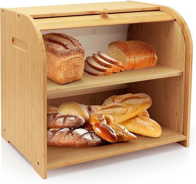 Bread Box for Kitchen Countertop, Double Layer Bamboo Bread Storage Container for Homemade Bread, Roll Top Bread Box with 3 Adjustable Height for Kitchen Counter, Natural Breadbox Organizer