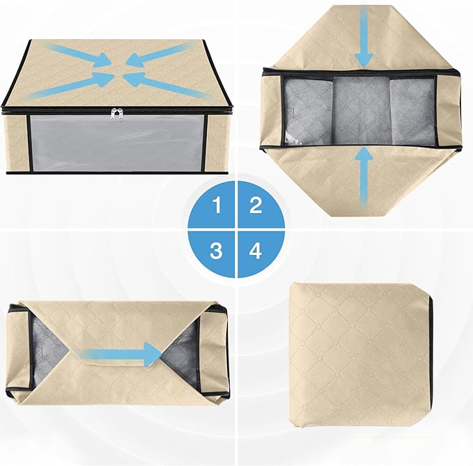 HomeHacks Storage 4-Pack Clothes Organizer Storage Bags Foldable Storage Box with Large Clear Window Sturdy Handles for Closet, Dorm, Pillows, Bedding, Clothes, Blankets, 35L, Beige