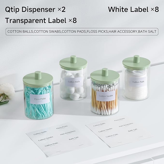 TIPGO Glass Qtip Holder Dispenser for Bathroom - 10 oz Clear Canister Apothecary Jar for Cotton Swabs, Balls, Pads, Floss Picks, Small Containers for Makeup Storage Organizer (2 Pack, Green)