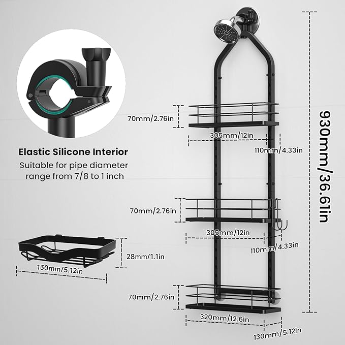Shower Caddy Hanging (Black), Adjustable Anti-Swing-Over The Shower Head Caddy, 3 Tier Height Bathroom Storage Organizer, Bathroom Shelves Basket Rack, Shower Caddies Rack with Adjustable Soap Basket