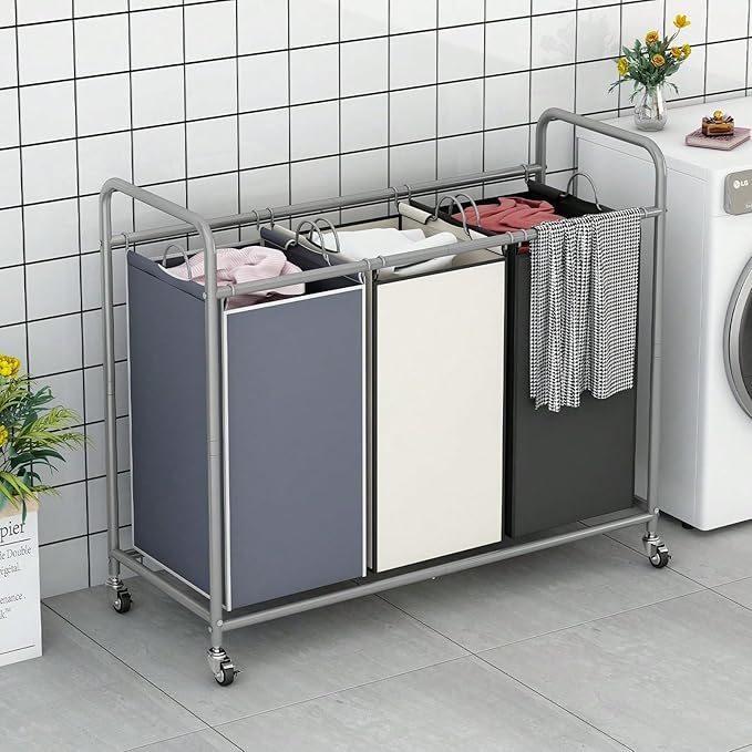 3-Bag Laundry Sorter Cart with Rolling Lockable Wheels, Removable Bags, 32.68 x 15.75 x 33.46 in, Black, Beige and Grey (Assorted)