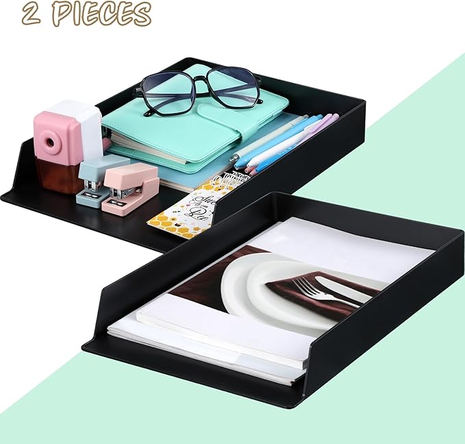 Wenqik 2 Pcs Stackable Paper Trays Rectangular Plastic Desk Holder Desktop Document File Organizer Storage Letter for Office Classroom (Black)