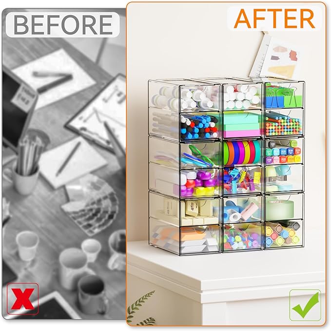 Yieach 9 Pack Small Acrylic Drawers With 18 Drawers,Clear Drawer Organizers Stackable,School,Office Supplies Organizer And Storage Bins for Stationery,Pen,Pencil,Craft,Glasses,Sunglass Organizer Case