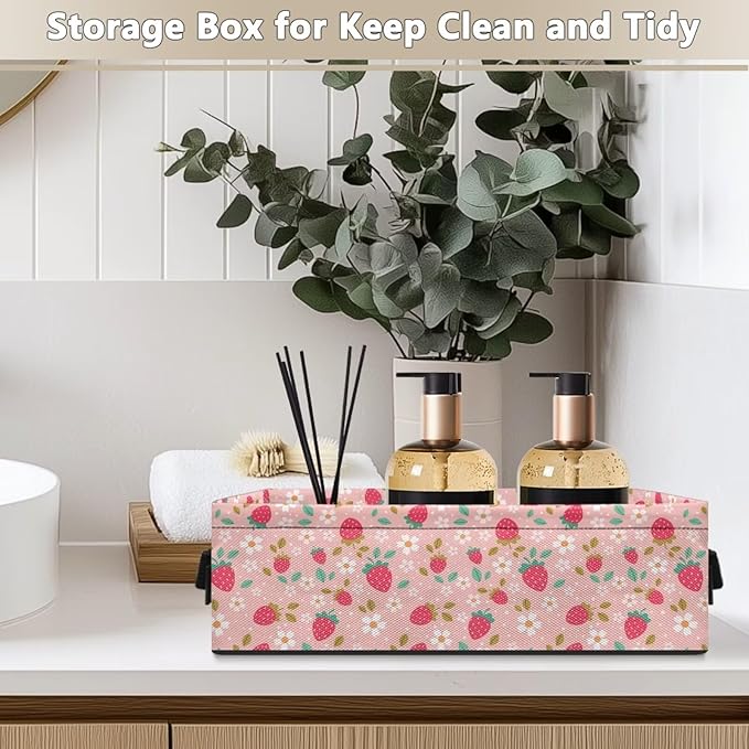 Storage Bin Organizer Collapsible Fabric Basket for Bathroom Kitchen Office Home Storage with Handles for Easy Carrying 13.89 x 7.13 x 4.37 Inch, Strawberry Flower Pink