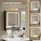 ChooChoo Bathroom Medicine Cabinet with Mirror, Modern Mirror Cabinet with LED Lights, Bathroom Wall Cabinet with Adjustable Shleves, Towel Bar, Black