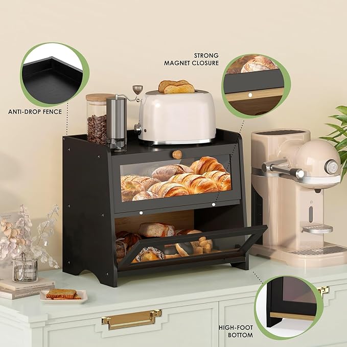 Large Bread Box for Kitchen Countertop, Double Layer Breadbox Bread Container Storage with Acrylic Door, Wooden Farmhouse Bread Holder (Black, Large-16.54" L x 9.84" W x 14.96" H)
