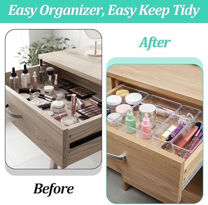 16 Pack Plastic Drawer Organizers Set, 5-Size Kitchen and Office Desk Drawer Organizer Trays, Acrylic Non Slip Storage Bin Divider for Makeup,Jewelry,Gadgets Utensils,Bedroom,Bathroom Vanity,Clear