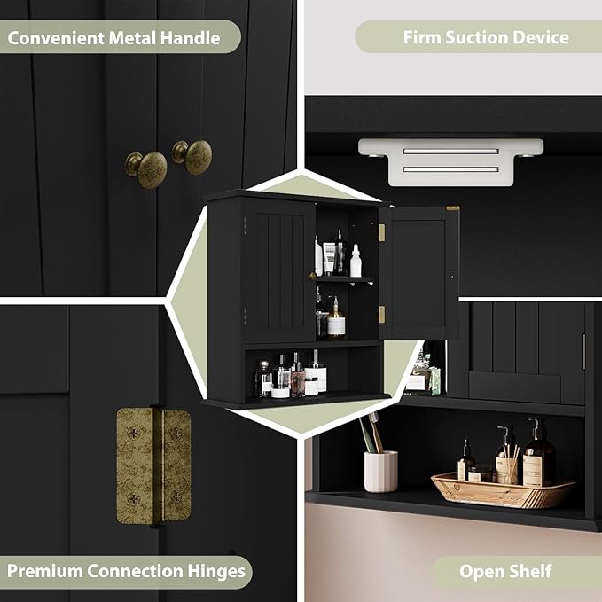 Smuxee Black Wall Cabinet, Small, 2-Door Medicine Cabinet with Adjustable Shelves, Over Toilet, For Kitchen and Laundry Rooms