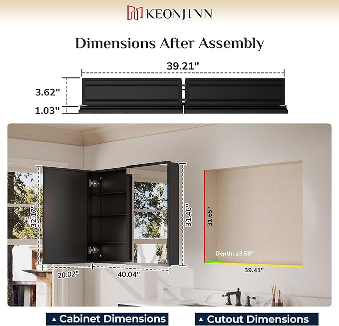 Keonjinn Medicine Cabinet Mirror 40" x 32", Assembly Needed, Black Medicine Cabinet with Mirror for Bathroom, Beveled Framed, Stepless Adjustable Shelves, Wall-Mounted or Recessed, Tempered Glass