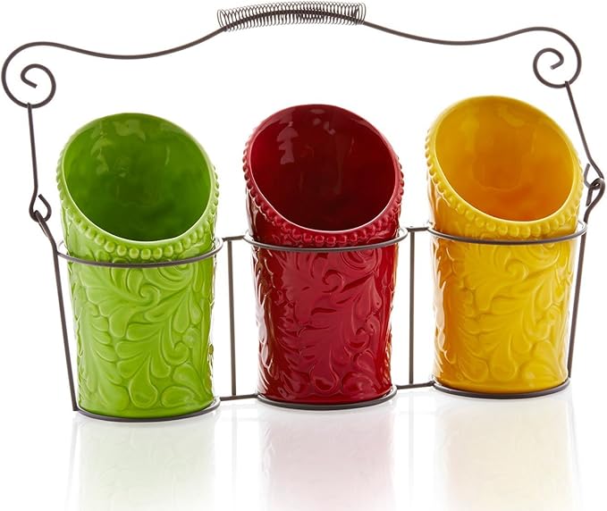 Kitchen Utensil Holder Set (4 Pieces) - 3 Ceramic Crocks & 1 Portable Wire Caddy - Multi-Color