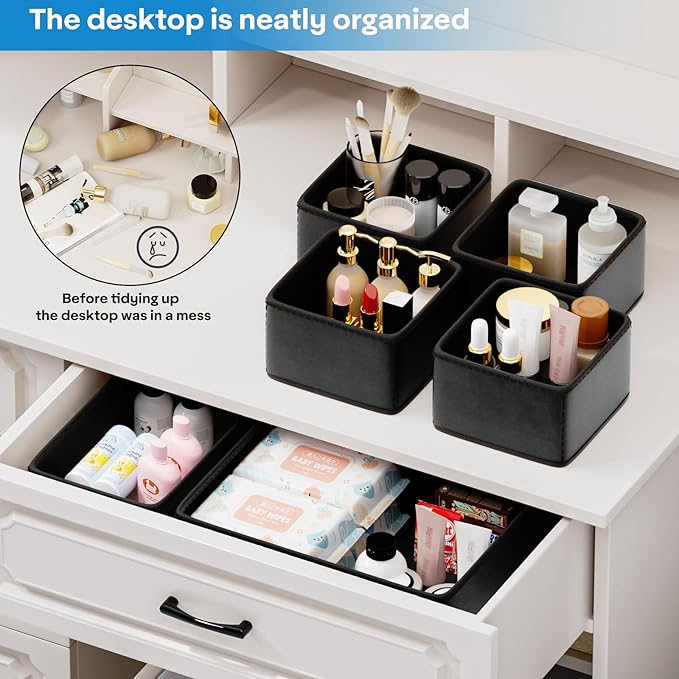 Vegan Leather Drawer Organizers,12 Pack Makeup Storage boxes,Vanity Drawer Luxury upgrade,Bedroom fabric Drawers replacement,bathroom organization and storage Optimal solution