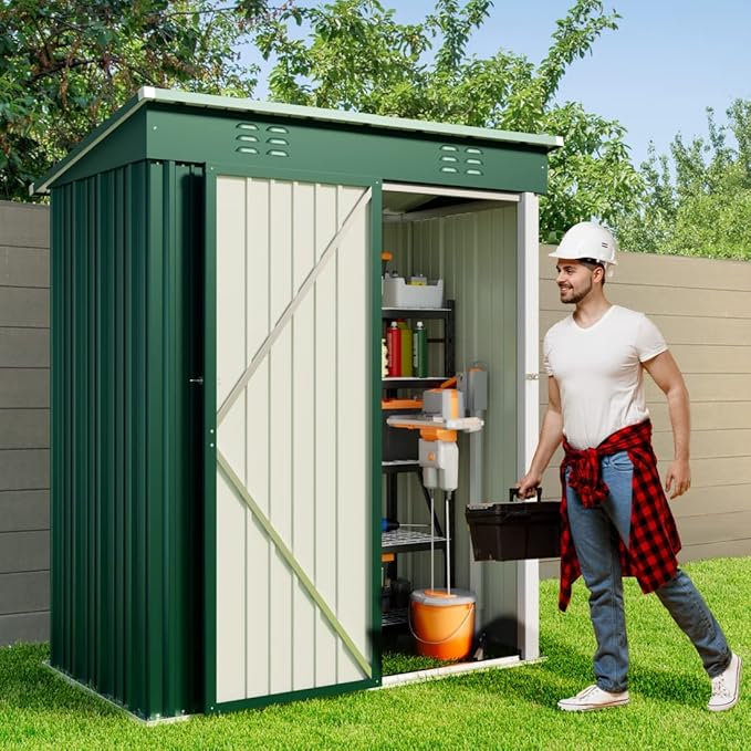 Gizoon 5' x 3'Outdoor Storage Shed with Singe Lockable Door,Galvanized Metal Shed with Air Vent Suitable for The Garden,Tiny House Storage Sheds Outdoor for Backyard Patio Lawn-Green