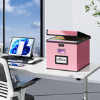 Huolewa File Organizer Box with Lid, Collapsible Leather File Folder Organizer for Office Document Storage, Filing Box with Plastic Slide for Letter/Legal Size Hanging Files, Pink