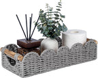 CubesLand Bathroom Basket Organizer w/Cut Out Handle, Back of Toilet Paper Storage Baskets Tray for Bathroom Countertop Decorative, Scalloped Wicker Basket Also for Home Decor, Living Room, Grey