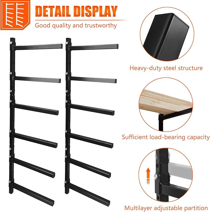 6-Tiered Collapsible Wall Mount Lumber Storage Metal Rack, 6-Level Foldable Heavy Duty Indoor Garage Wood organizer, Outdoor Adjustable Steel Multipurpose Workshop Shelf, Holds up to 600Lbs