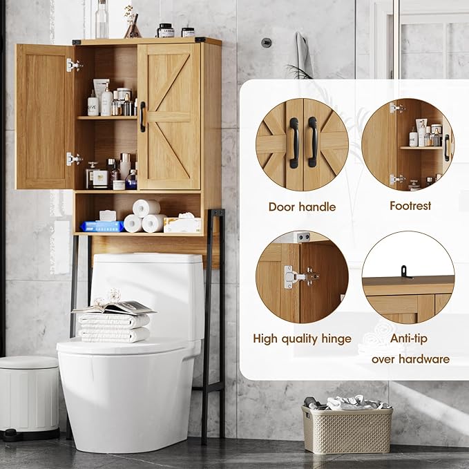 Over The Toilet Storage Cabinet with 2-Door Design Bathroom Organizers and Storage with Anti-Tip Device Over Toilet Organizer with Shelves for Bathroom,Restroom,Laundry Natural