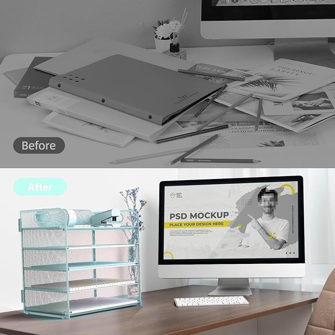 Letter Tray Paper Organizer 5-Tier Desk Organizer File Organizer Paper Holder with Handle, Metal Desktop Document Shelf Tray Office Classroom Organization - Blue