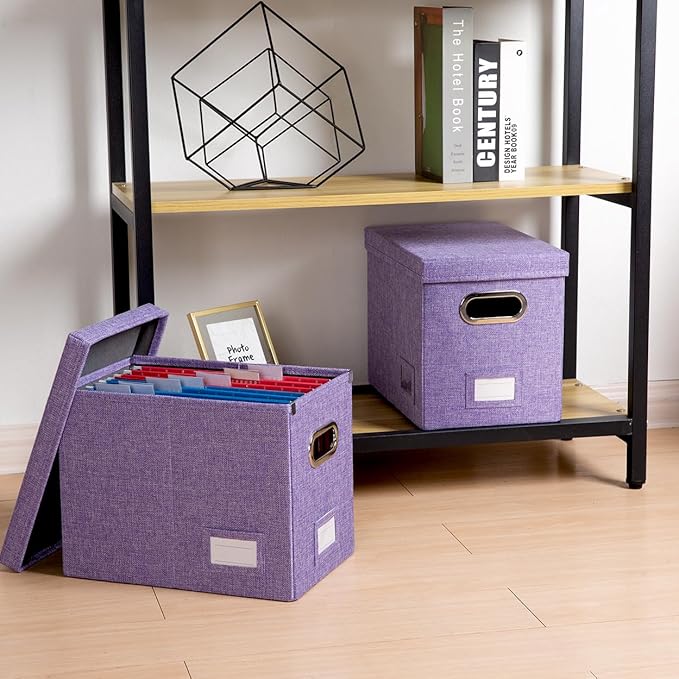 PRANDOM File Organizer Box - Set of 4 Collapsible Decorative Linen Filing Storage Hanging File Folders with Lids Office Cabinet Letter Size Purple (14x9.3x10.8 inch)