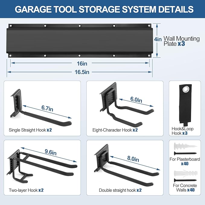 14Pack Garage Tool Organizer Wall Mount, 49.5'' Rails with 11 Adjustable Hooks, Heavy Duty Garage Storage & Organization Kit, Space-Saving Garage Wall Hook Rack for Shed Garden Yard Tool, Up to 520lbs