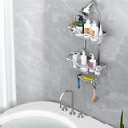 Kadolina Shower Caddy Hanging, Bathroom Shower Rack, Bathroom Organizer with Soap Dish, Over The Showerhead Caddy with Hooks for Razor/Sponge, Bright Silver (Assembly Required)