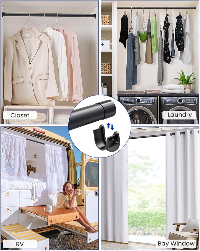 Closet Rods for Hanging Clothes, 17 to 84 Inches Stepless Adjustable Metal Closet Rod, 1.3 Inches Heavy Duty Clothes Hanging Rod for Closet Wardrobes Laundry RV, Black
