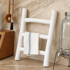 FUIN Fully Assembled Wooden Tea Towel Ladder, Mini Ladder Towel Rack Display Hanger, Small Rustic Farmhouse Tea Towel Stand Holder for Country Bathroom Decor, White
