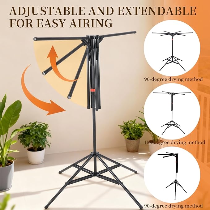 4-Leg Clothes Drying Rack with 6 Adjustable Poles,Standing Dryer,20 Windproof Hooks and 2 Sock Clips,No-Installation Drying Stand,Clothes Rack Foldable Space-Saving, Indoor and Outdoor Use Black