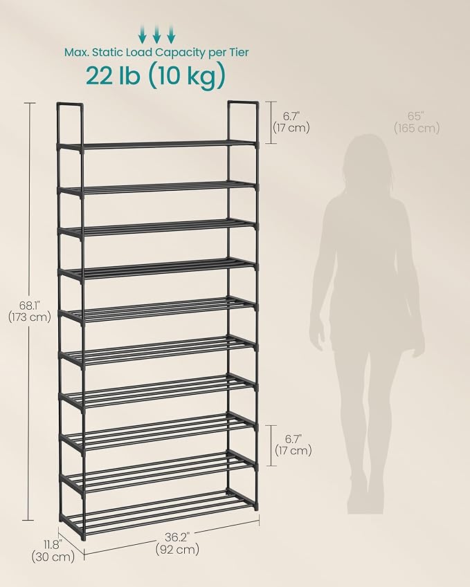 SONGMICS Shoe Rack, 10-Tier Shoe Organizer, Metal Storage Shelf, Upright or Upside Down, for 44-55 Pairs, for Entryway, 11.8 x 36.2 x 68.1 Inches, Black ULSA011B01