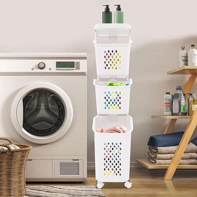 Tiered Laundry Storage Organizer Tiered Laundry Hamper Sorter Bathroom Laundry Basket with Wheels Removable Plastic Storage Basket for Kitchen (3-Tier)