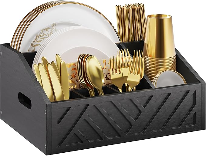 Paper Plate Dispenser for Party, Wood Outdoor Utensil Caddy for Parties, Paper Plate Holders Organizer for Countertop, Black Silverware Holder for Buffet Cutlery, Plates,Flatware, Utensils and Napkins