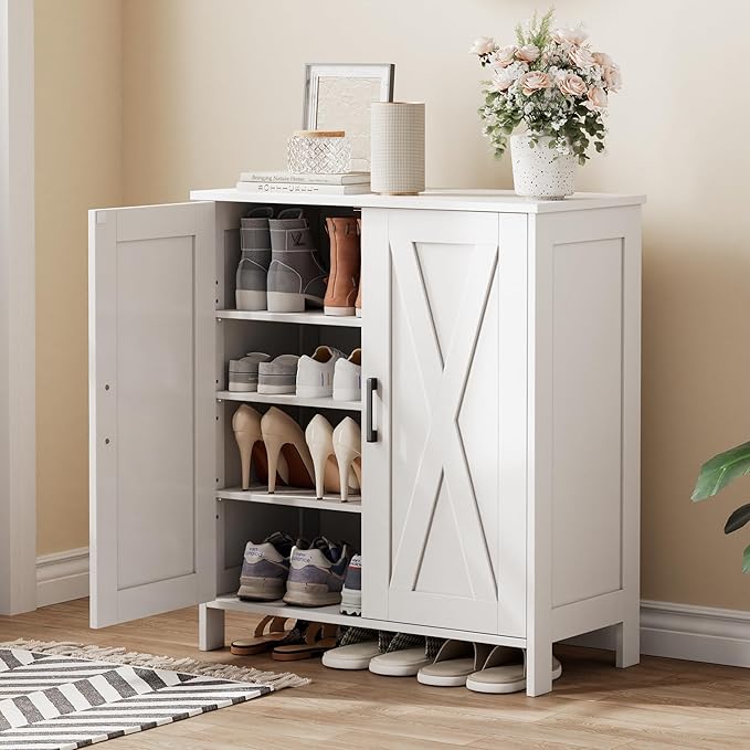 Farmhouse Shoe Cabinet with 2 Barn Doors & Wood Legs, 5-Tier Shoe Storage Cabinet with 3 Adjustable Shelves, Tall Shoe Rack Organizer for Closet, Shoe Organizer for Entryway, Hallway, White