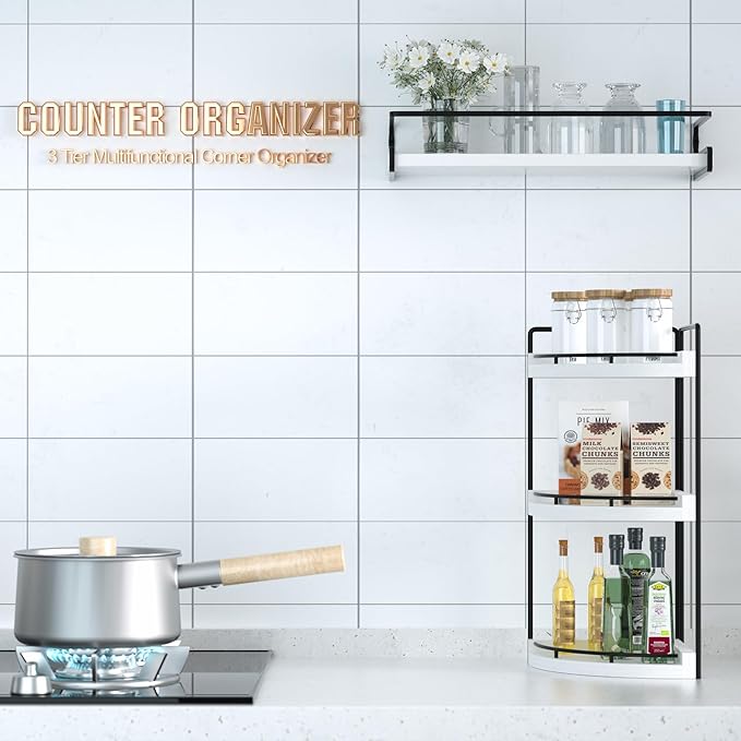 Corner Bathroom Counter Organizer, 3 Tier Bathroom Sink Shelf Countertop, Wood Vanity Skincare Storage for Toiletries Decor, Makeup, Dresser (White)
