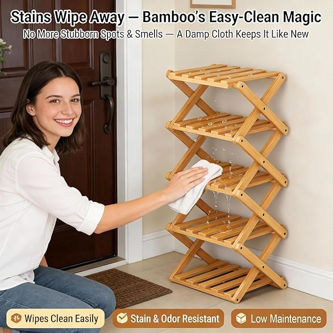 The 8-Tier No-Assembly Bamboo Rack, Bamboo Shoe Rack, Foldable Shoe Rack, Space Saving Collapsible Shelves for Entryway, Closet, Bathroom, Bamboo Shoe Rack, Foldable Shoe Rack (Brown, 8Tier)