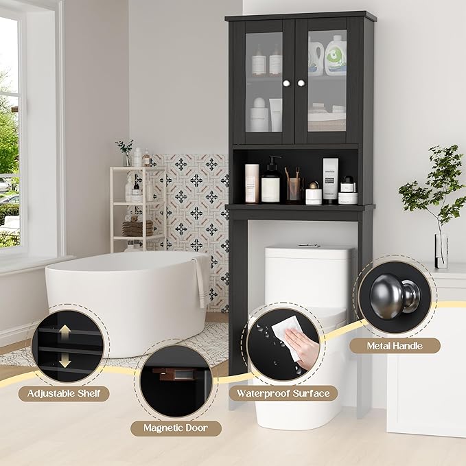 Walsunny Over Toilet Storage Cabinet, BathroomShelf Organizer Over Toilet, Washing Machine Box, Space Saver with Adjustable Decorative Racks（Black）