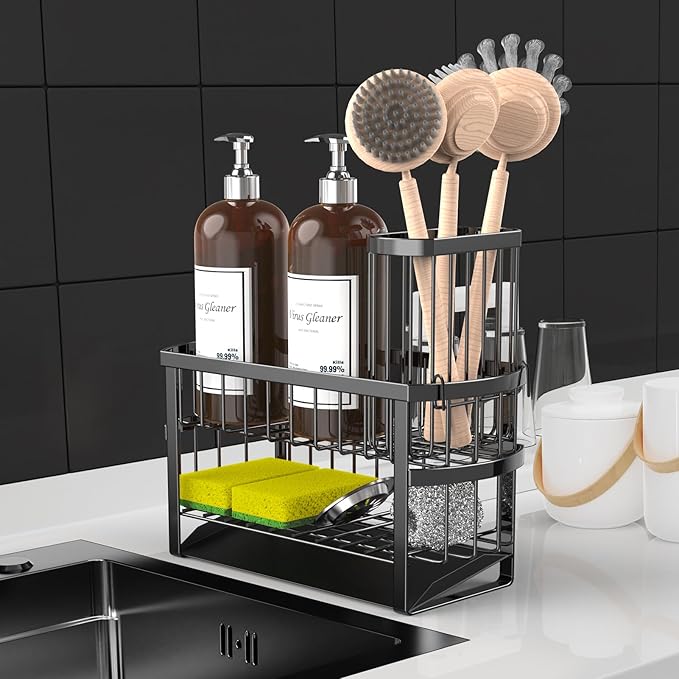Kitchen Sink Organizer Caddy, 2 Tier Sink Caddy Organizer with High Brush Holder, Rust-Proof Countertop Rack (Black 10.6 * 4.3 * 5.7") for Kitchen Accessories & Dish Brushes