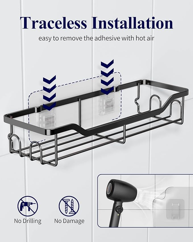 Kitsure Shower Caddy Large - Adhesive Shower Organizer, Stainless Steel Shelf for Inside Shower, No Drill Bathroom Organizers and Storage, Home Decor Accessories, 2 Pack, Black
