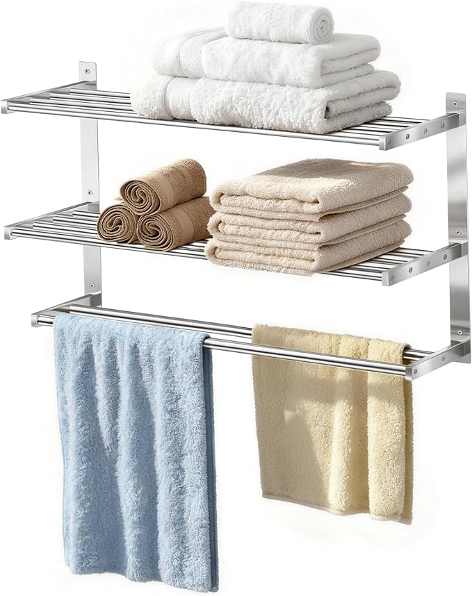 Towel Rack with Shelf 24 inch, 3 Tier Towel Racks for Bathroom Wall Mounted, Stainless Steel Bathroom Shelf with Double Towel Bars, Hotel Bath Towels Storage, Brushed Nickel