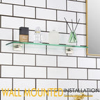 KOKOSIRI Floating Shelves Wall Mount 20-Inch Bathroom Tempered Glass Shelf for Kitchen Storage Shower Hanging Rack, Brushed Stainless Steel B1107BR-L20