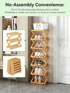 The 9-Tier No-Assembly Bamboo Rack, New Upgrade 9 Tier Bamboo Shoe Rack, Space-Saving Tall Narrow Accordion Shoe Rack for Entryway Closet Dorm (Brown-4)