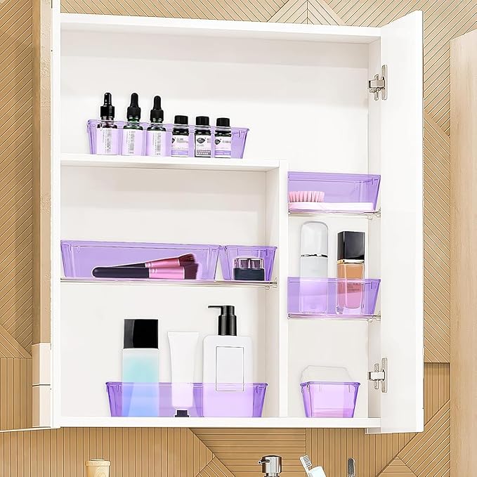 13 PCS Drawer Organizer Set, 5 Varied Size Bathroom and kitchen Drawer cabinet organizer Trays, Clear Storage Bins for Makeup, Jewelry, Utensils and Gadgets, Purple