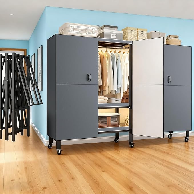 Heavy Duty Portable Closet with Cover Magnetic Doors, Metal Rolling Clothes Rack Heavy Duty 1500LBS, Foldable Clothing Rack, Garment Racks for Bedroom/LivingRoom/Rental (KT Grey, 74.8in)