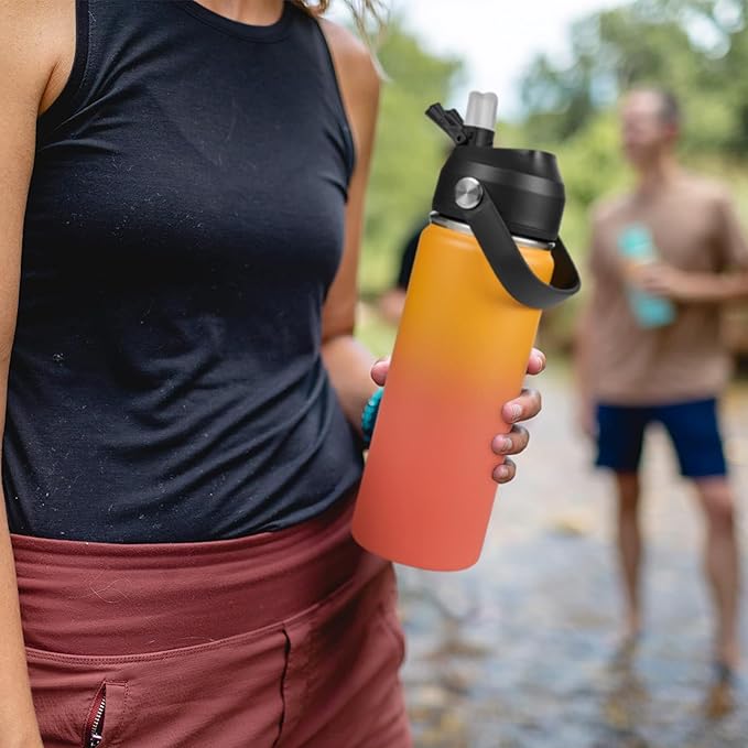 24oz Insulated Stainless Steel Water Bottle, Wide Mouth Double Wall Vacuum, Silicone Straw, Sweat & Leak Proof, BPA Free Insulated Water Flask for Travel, Keep Cold 24h Hot 12h, Orange