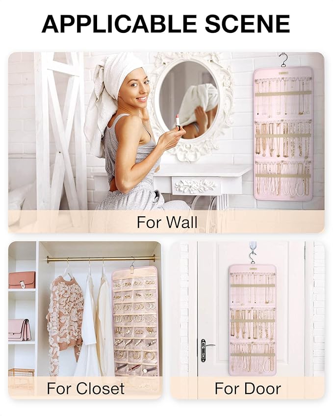 BAGSMART Hanging Jewelry Organizer Storage Roll with Hanger Metal Hooks Double-Sided Jewelry Holder for Earrings, Necklaces, Rings on Closet, Wall, Door, 1 piece, Large, Pink