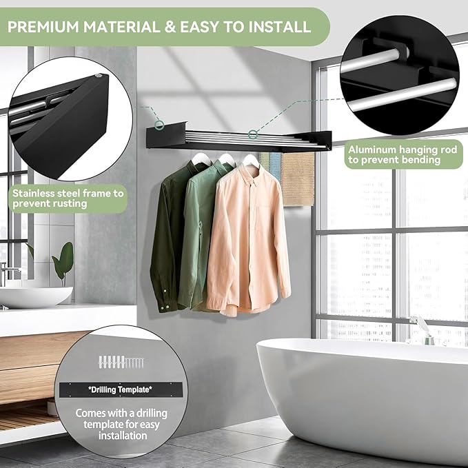 Wall Mounted Clothes Drying Rack, 5 Aluminum Rods, Collapsible, White, 32 inches (Black, 32'')
