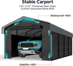 12x20FT Heavy Duty Metal Carport, Outdoor Carport with Galvanized Steel Frame and Roof, Multi-Use Car Garage Shelter with Removable Sidewalls, Enclosed for Cars, Pickup, Tractors, Tools, Gray